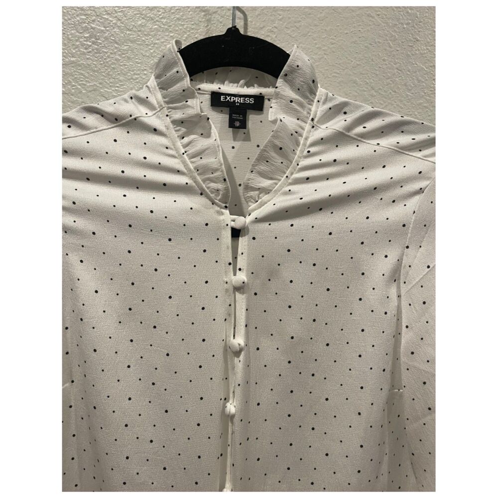 EXPRESS Slim Polka Dot Ruffle Neck Antique White Blouse - Picture 3 of 6